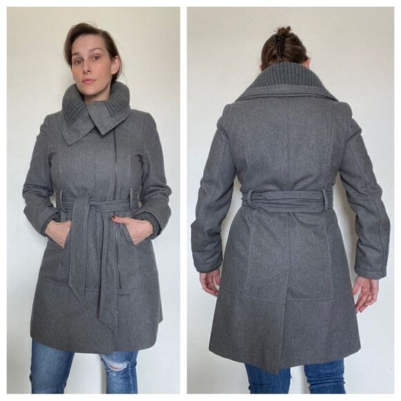 Express Coat Gray Midi Length Sweater Collar Asymmetrical Classy Medium - Picture 3 of 13